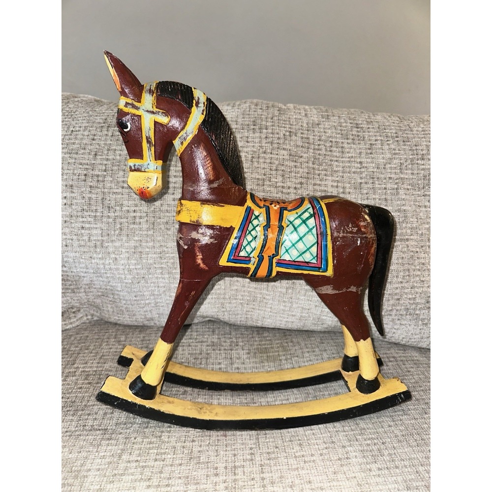 Vintage Wooden Rocking Horse - Hand Carved, Painted 18 by 16 - Nursery Decor - Picture 1 of 8